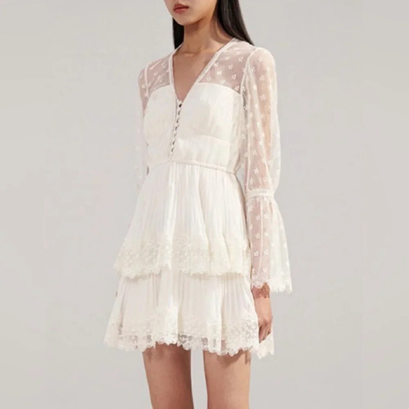 NEW Self-Portrait Chiffon Lace Tiered Mini Dress White Ivory | size UK 8 / US 4 - Picture 1 of 16